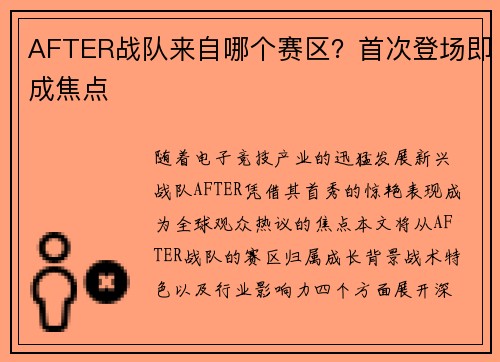 AFTER战队来自哪个赛区？首次登场即成焦点